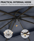 Outdoor Patio Gazebo 11x11 With Double Roof Canopy And Mosquito Netting For Backyard Deck Garden And Lawn In Dark Gray No Fuss Setup Sturdy Iron Frame With Anti Rust Coating Weatherproof Outdoor Shelter showing internal hook for fans and lights.