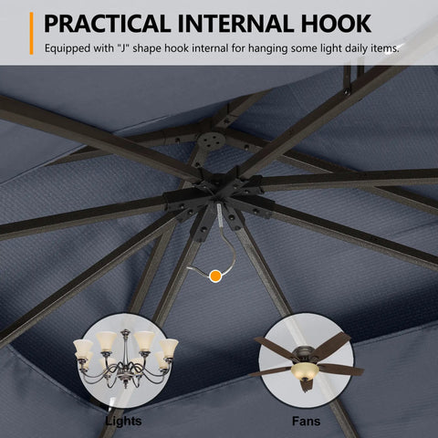 Outdoor Patio Gazebo 11x11 With Double Roof Canopy And Mosquito Netting For Backyard Deck Garden And Lawn In Dark Gray No Fuss Setup Sturdy Iron Frame With Anti Rust Coating Weatherproof Outdoor Shelter showing internal hook for fans and lights.