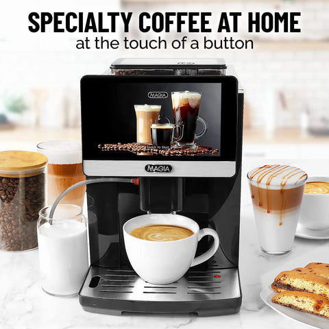 Fully Automatic Espresso Machine With Built In Conical Grinder And Auto Foaming Milk Wand brewing coffee in white cup with milk.