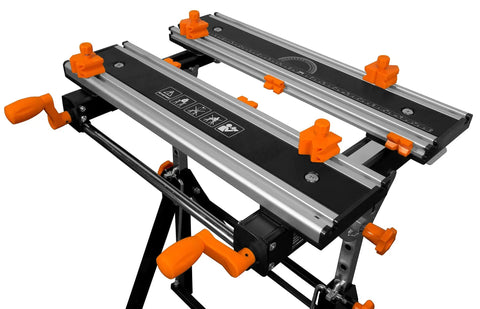 Height Adjustable Tilting Steel Work Bench With Vise 24 Inch Table Extends From 24 By 11.75 To 24 By 19 showing clamps