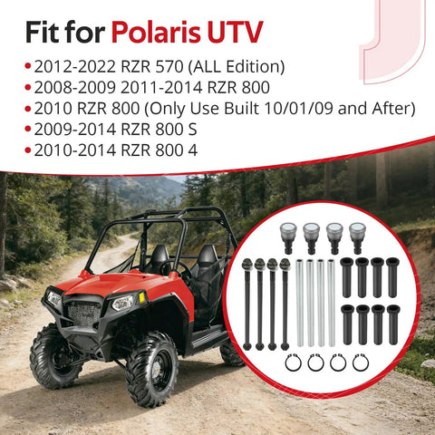 Front Upper A Arm Pivot Bushing Ball Joint Kit For Polaris RZR 570 And 800 Models 2008 Through 2014 Durable Beefy Upgrade With Heavy Duty Components For Off Road Adventures No Nonsense OEM Style, ball joints and bushings shown