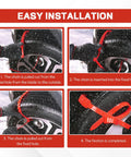 Wicked Strong 20 Pack Plastic Snow Tire Chains For Cars SUVs Trucks, installation steps showing zip tie setup on tires.