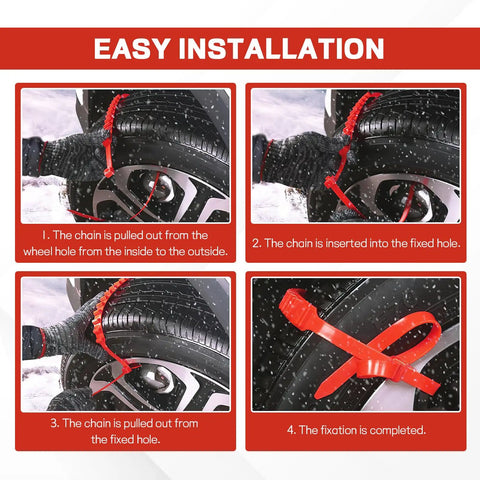 Wicked Strong 20 Pack Plastic Snow Tire Chains For Cars SUVs Trucks, installation steps showing zip tie setup on tires.