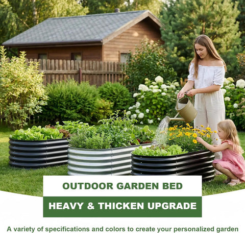 Three Pack Galvanized Raised Garden Beds 4x2x1.5 Feet Outdoor Planter Boxes For Vegetables Fruits Flowers And Plants Easy Assembly Durable Metal Construction Weather Resistant Yard Ready Silver with a woman and child watering plants
