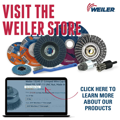 6 Inch Crimped Wire Cup Brush With Bronze Fill product display with other brushes, Weiler branding, and laptop showing product details.