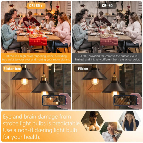 Comparison of CRI 85+ vs CRI 60 lighting with dimmable Edison LED bulbs 60W equivalent E26 4000K natural daylight vintage ST58