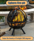 Sphere fire pit on patio with mesh design and visible flames, large 35 inch wood burning fire pit with built in BBQ grill for backyard bonfires heavy duty outdoor fire pit with spark screen and removable ash pan for patio and garden.