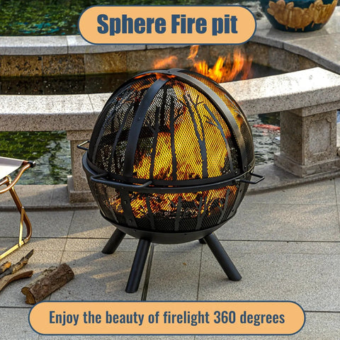 Sphere fire pit on patio with mesh design and visible flames, large 35 inch wood burning fire pit with built in BBQ grill for backyard bonfires heavy duty outdoor fire pit with spark screen and removable ash pan for patio and garden.