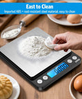 Person using Pocket Digital Kitchen Scale for Jewelry and Cooking, 500g Capacity with 0.01g Precision, flour on tray.