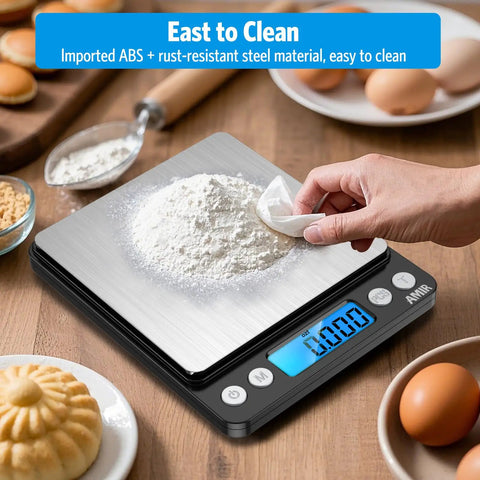 Person using Pocket Digital Kitchen Scale for Jewelry and Cooking, 500g Capacity with 0.01g Precision, flour on tray.