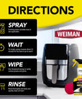 Weiman foaming air fryer cleaner spray bottle with yellow nozzle beside air fryer, front view