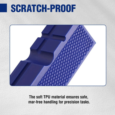Close-up of Six Inch Magnetic Vise Jaw Pads with TPU Soft Grips, dual-sided V groove and flat surface, scratch-proof material.