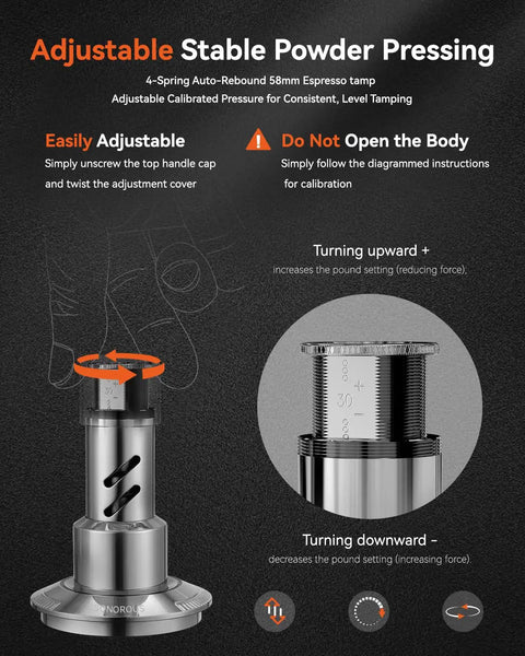 Adjustable 58mm espresso tamper with 4-spring auto-rebound for consistent pressure. Ideal for home or commercial brewing.