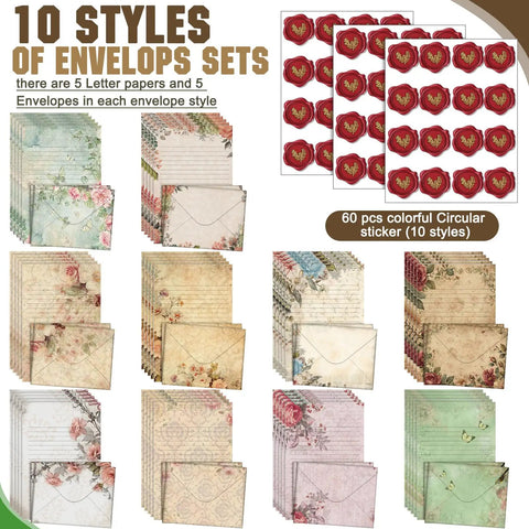Vintage Floral Stationery Paper Set With 50 Double Sided Papers, 50 Matching Envelopes And 60 Round Dot Stickers shown in 10 styles