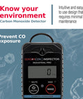 Sensorcon Inspector 2 Industrial Pro portable CO detector, black handheld device with digital display.