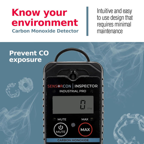 Sensorcon Inspector 2 Industrial Pro portable CO detector, black handheld device with digital display.
