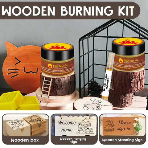Wood Burn Paste Kit 4 Oz Gel For Easy DIY Wood Burning In Minutes with double sided marker, wooden sign examples, and tools displayed