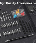 92 accessories for 12V Cordless Drill Kit with bits, screwdriver heads, and adapter displayed on dark surface.