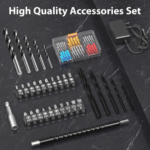 92 accessories for 12V Cordless Drill Kit with bits, screwdriver heads, and adapter displayed on dark surface.