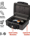 Open black fireproof and waterproof portable safe lock box with key lock and carrying handle showing valuables inside. Exterior size 14.3 in W 13 in D 6.1 in H travel ready.