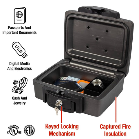 Open black fireproof and waterproof portable safe lock box with key lock and carrying handle showing valuables inside. Exterior size 14.3 in W 13 in D 6.1 in H travel ready.