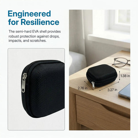 Hearing Aid Case With Travel Pouch And Battery Holder, waterproof EVA storage on desk with dimensions and glasses nearby