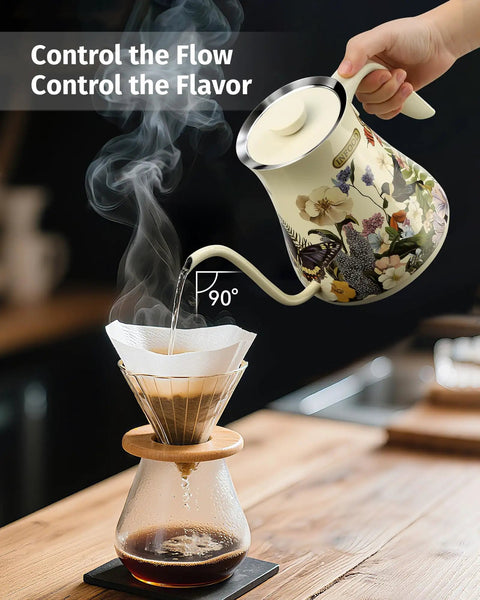 Pouring coffee with 0.8L Gooseneck Electric Kettle With Precise Temperature Control, Dope Floral Painted Design, into filter