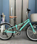 Mint green bicycle with black seat and white basket outside building doors, visible pedals and handlebars, no rider.