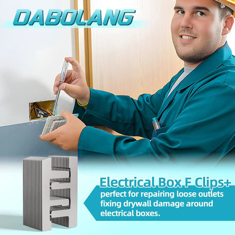 15 Piece Switch Box Strap And F Clip Set For Electrical Boxes shown with electrician fixing an outlet.