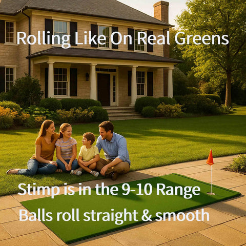 Family enjoying Outdoor Putting Green Mat For Home Golf Practice 3x12 Pro-Grade Roll, Realistic Turf Feel On Durable XPE Base in garden