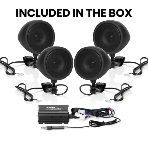 MCBK470B Motorcycle Bluetooth Speaker System With Class D Amplifier 3 Inch Weatherproof Speakers Volume Control And Wireless Streaming For ATVs And 12 Volt Rides, showing four speakers and amplifier.