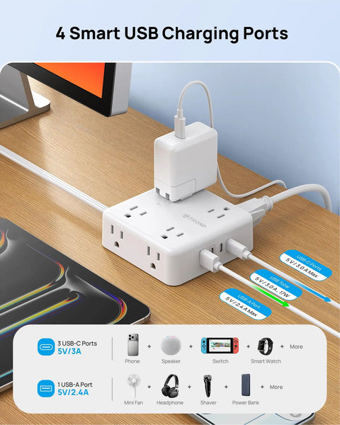 Hella Spaced Surge Protector Power Strip With Flat Plug Extension Cord And 5 Foot Cord Packing 8 AC outlets and 4 USB ports on desk.
