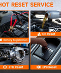Ford Lincoln Mercury All Systems OBD2 Scanner in use for battery registration, oil, ETC, and EPB reset services in a car engine bay.