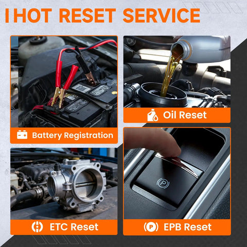 Ford Lincoln Mercury All Systems OBD2 Scanner in use for battery registration, oil, ETC, and EPB reset services in a car engine bay.