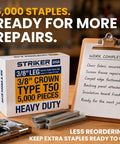 Workhorse Heavy Duty 3/8 T50 Staples For Staple Guns Delivers Rock Solid Holds Every Single Time Rated For Upholstery Renovation And Deck Building 5000 Piece Bulk Box in a workspace.
