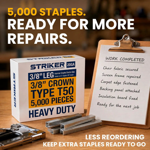 Workhorse Heavy Duty 3/8 T50 Staples For Staple Guns Delivers Rock Solid Holds Every Single Time Rated For Upholstery Renovation And Deck Building 5000 Piece Bulk Box in a workspace.