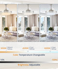 Three views of 42 Inch Retractable Ceiling Fan With Remote, LED Lighting, And Brushed Nickel Finish showing stepless color change.
