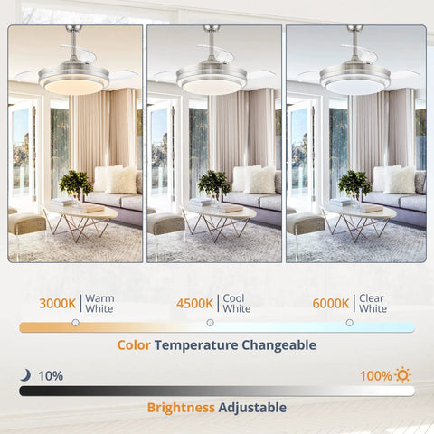 Three views of 42 Inch Retractable Ceiling Fan With Remote, LED Lighting, And Brushed Nickel Finish showing stepless color change.