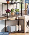 Beefy 2 Tier Metal Wire Storage Shelves with plants on balcony and laundry supplies in laundry room
