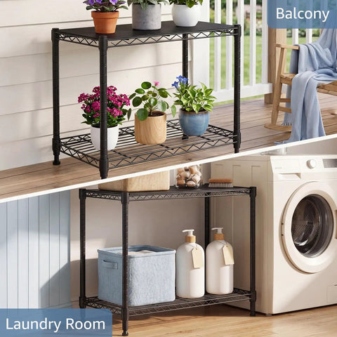 Beefy 2 Tier Metal Wire Storage Shelves with plants on balcony and laundry supplies in laundry room