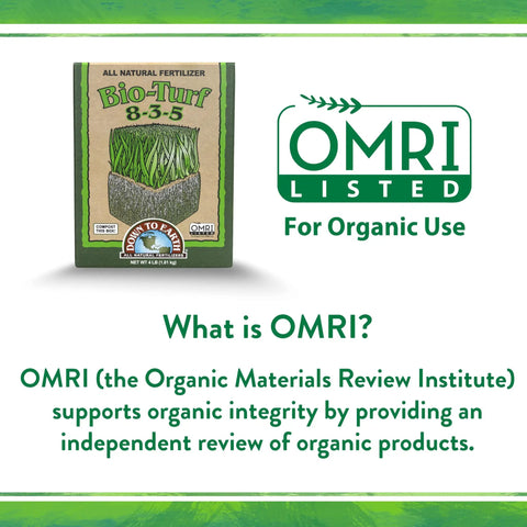 Image of Bio Turf All Natural Lawn Fertilizer 8-3-5 NPK Granular Formula, OMRI Listed Organic Lawn Food, packaging with label and grass illustration.