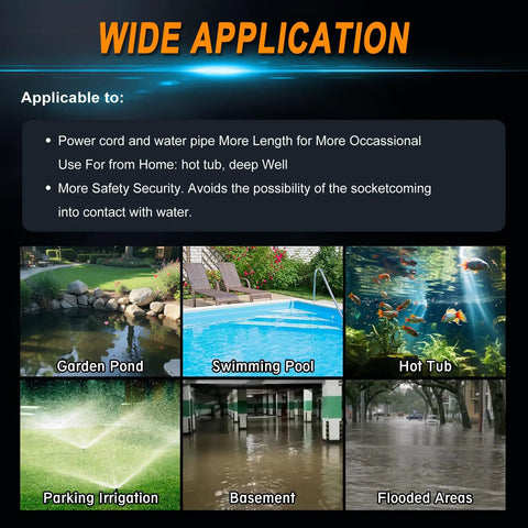 Wide application showing Heavy Duty Submersible Sump Pump Pumps A Badass Four Thousand Gallon Per Hour Flow With A Solid One Point One Kilowatt Motor To Clear Basement Floods And Yard Runoff Includes A Matched Hose And Standard Plug For Easy Daily Setup in various settings.