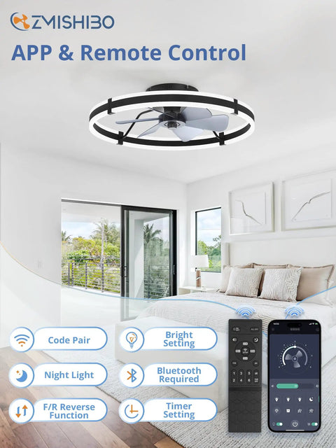 ZMISHIBO 2 Pack 24 Inch Ceiling Fans with Lights and Remote, Black shown with remote control in a modern bedroom.
