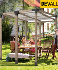 Outdoor patio scene with 4 Way Slant Angle Pergola Brackets Kit For 4x4 Lumber 15 Degree Up 75 Degree Down Galvanized Steel on gazebo.