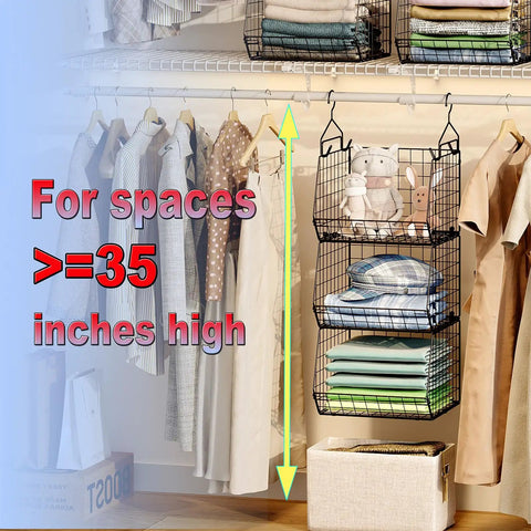 Dead Simple Hanging Closet Organizer With Expansive Tiered Wire Baskets Saves Serious Space In Your Laundry Room Keeps Sweaters Jeans And Scarves Tidy As A Whistle With No Sweat Setup in a closet for 35 inches height.
