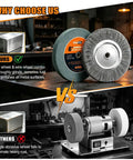 Heavy Duty Six Inch Sixty Grit Silicon Carbide Grinding Wheel Paired With Hardcore Carbon Steel Wire Brush Set For Bench Grinders With Half Inch Spindle displayed on workbench.