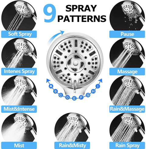 High Pressure Rainfall Shower Head Combo With 11 Inch Extension Arm And 9 Settings Handheld, spray patterns display