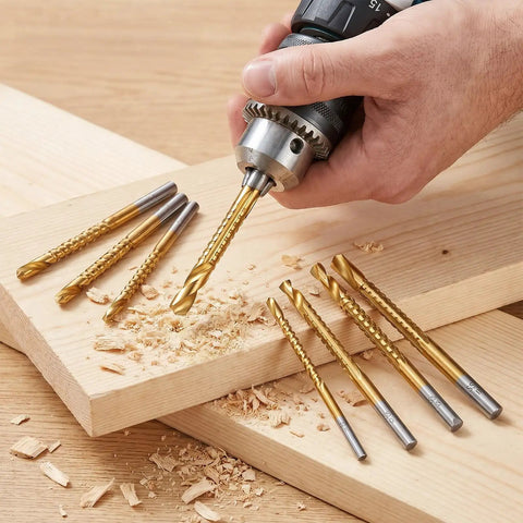 Top Shelf Eight Piece HSS Step Drill Bit Set With Titanium Coating And Hex Shank For No Sweat Serrated Side Cutting From Three To Ten Millimeters being used on wood.