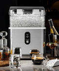 Top Tier Nugget Ice Maker Producing Thirty Three Pounds Daily Of Crisp Chewable Crushed Ice With Easy Self Cleaning Setup And Clear Viewing Window, showcasing ice in countertop design.