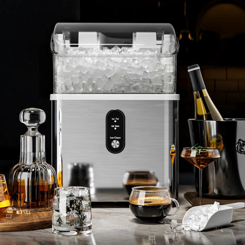 Top Tier Nugget Ice Maker Producing Thirty Three Pounds Daily Of Crisp Chewable Crushed Ice With Easy Self Cleaning Setup And Clear Viewing Window, showcasing ice in countertop design.